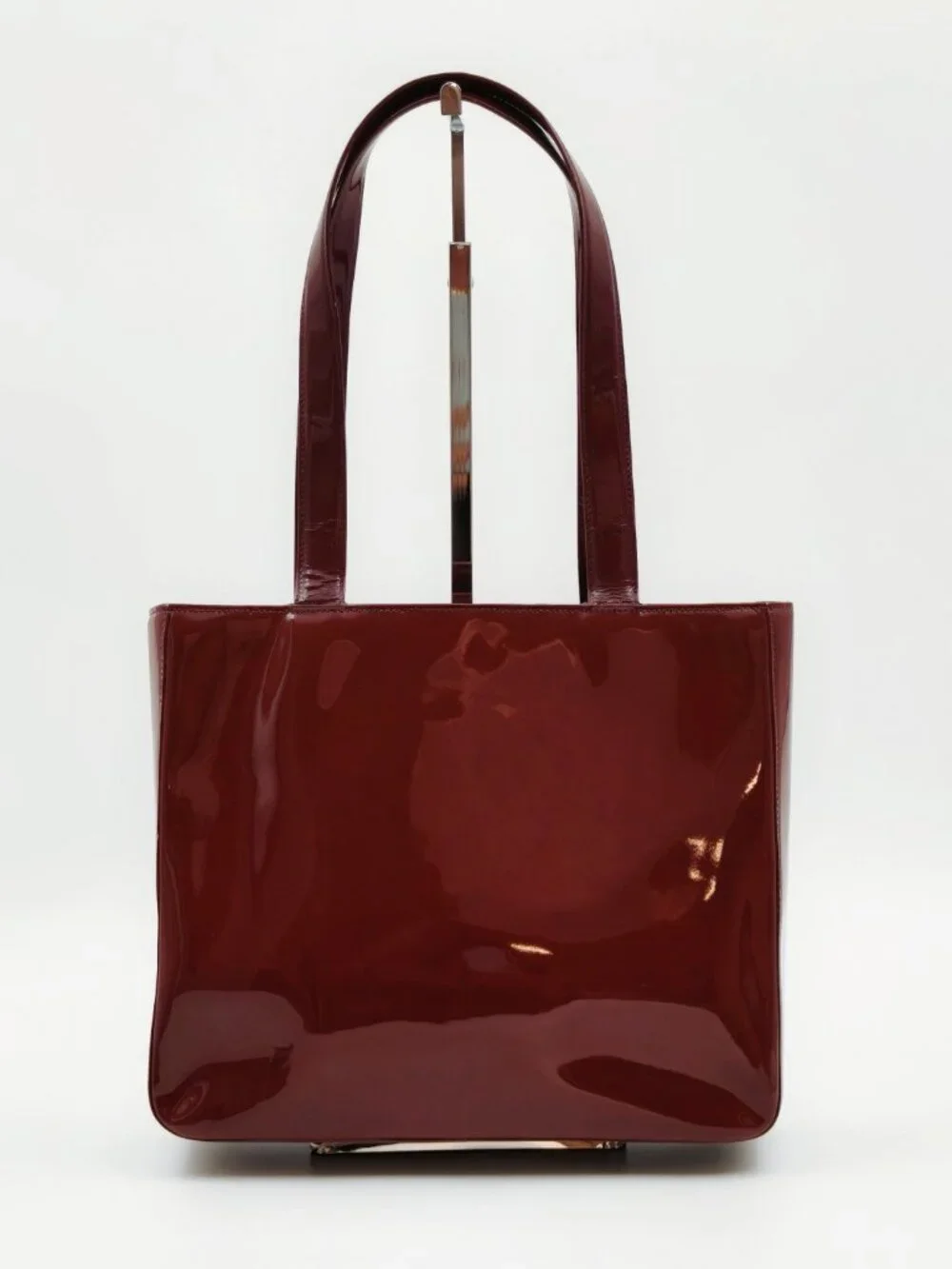 CHANEL Vintage Patent Leather Tote Bag Burgundy CC Logo Shoulder Bag Authentic